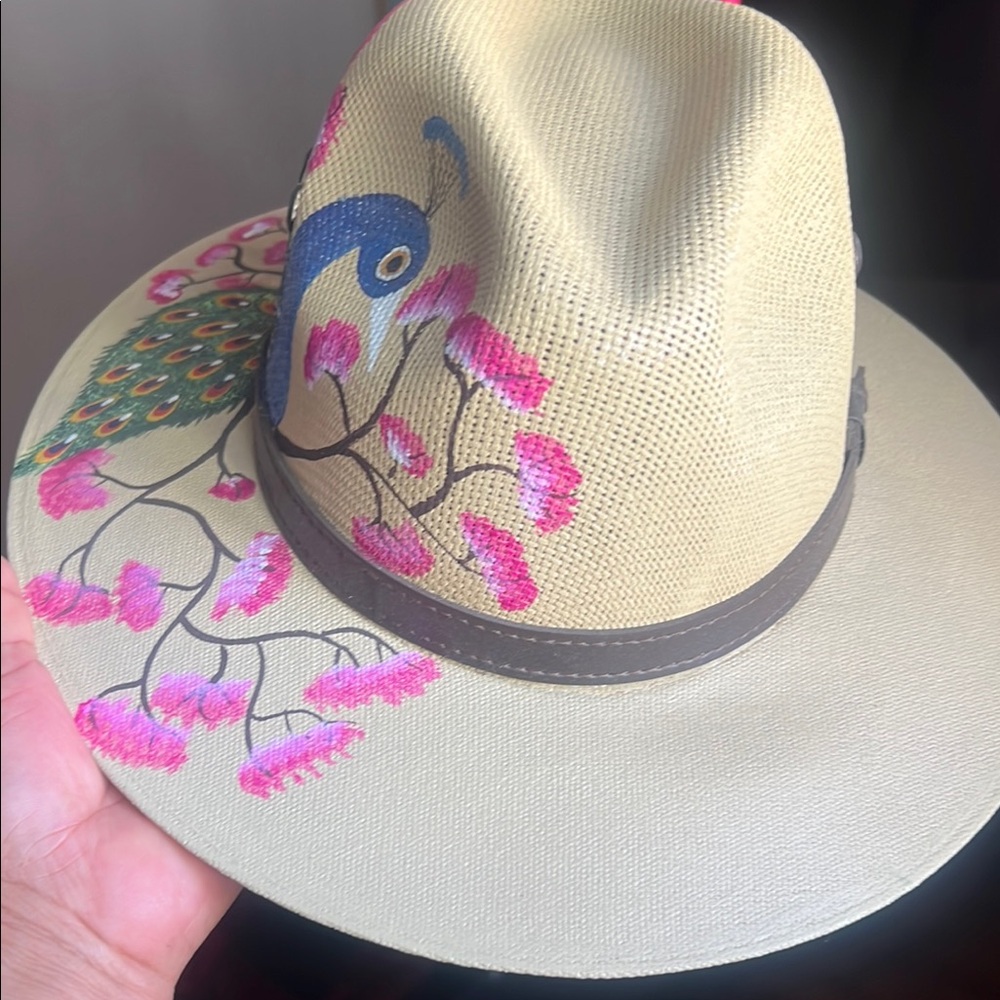 Peacock Design Beige Hat